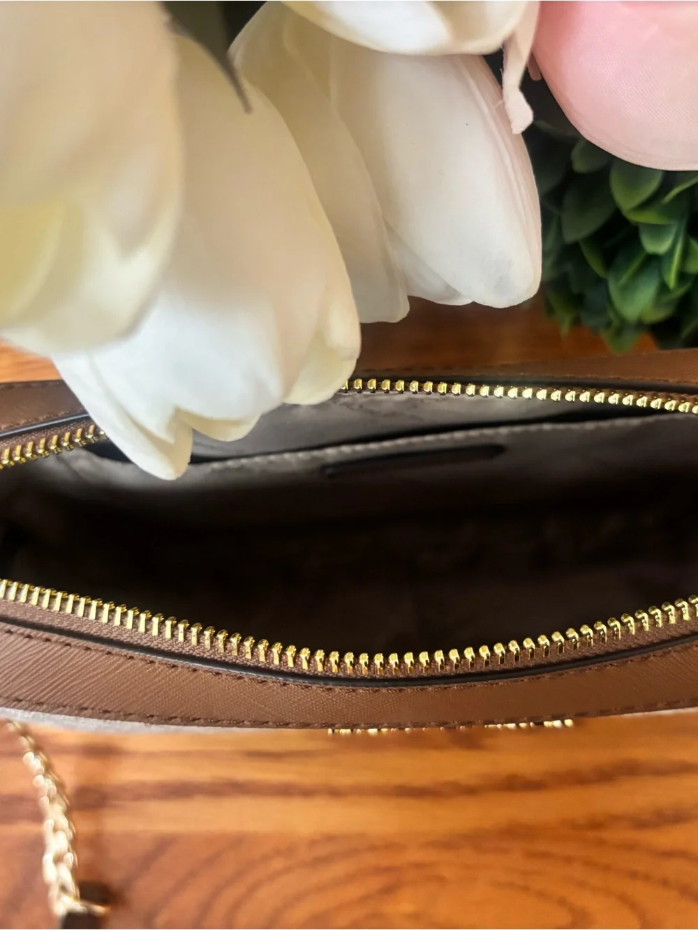 Michael Kors White and Brown Signature MK Crossbody Bag